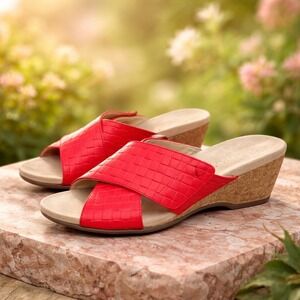 Vionic Leticia Red Woven Leather Cork Wedge Sandals Women's Size 9